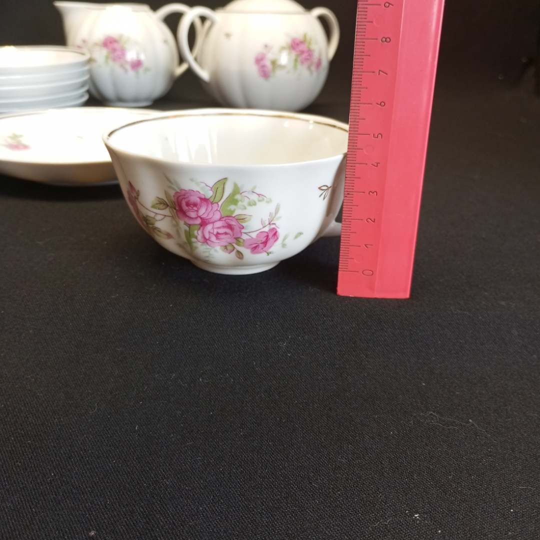 Часть чайного сервиза "Розы", на 6 персон, 14 предметов, Дулёво, тонкий фарфор СССР. Картинка 22
